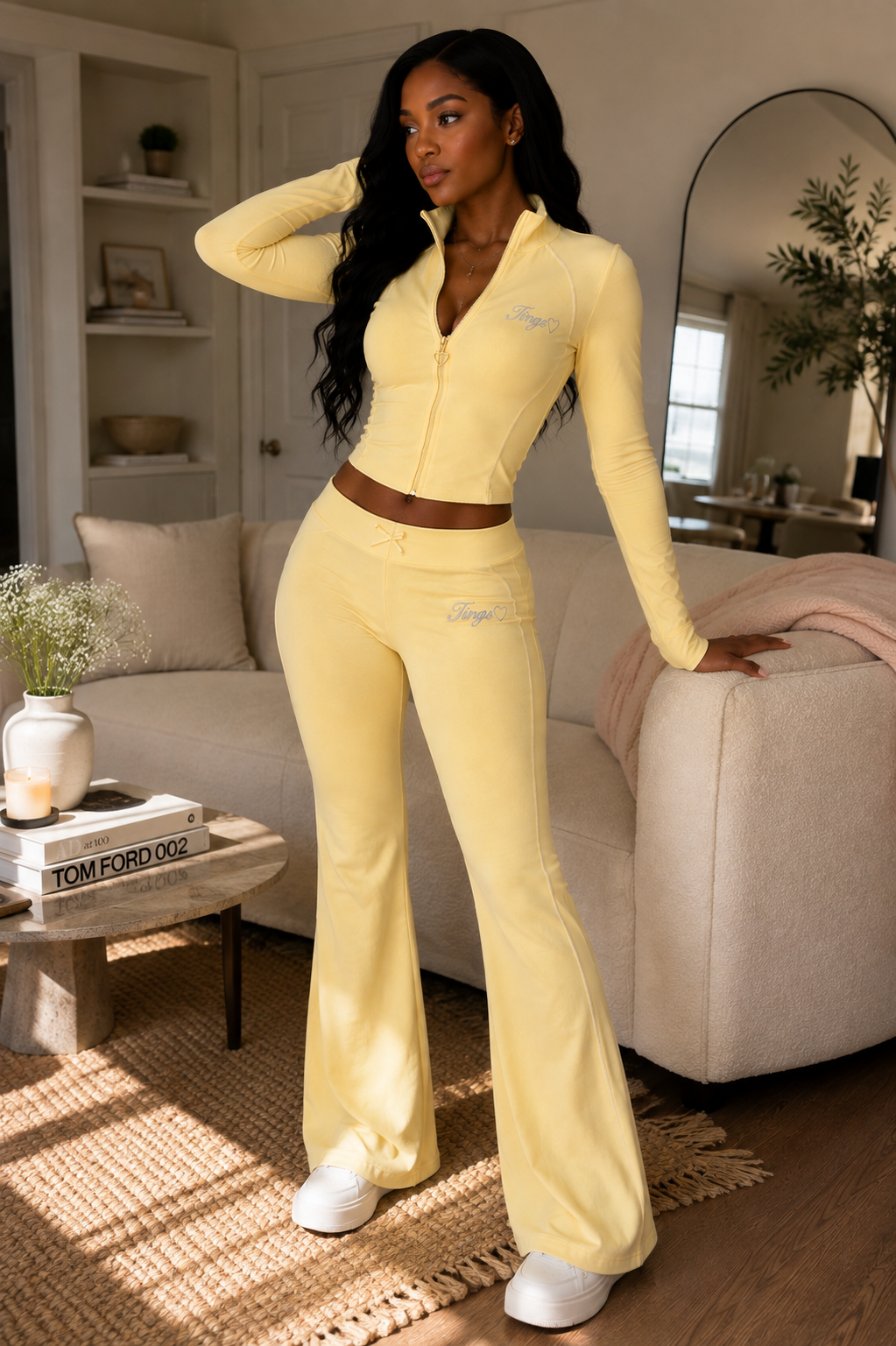 Black woman wearing the butter-yellow Like Butter Baby zip track jacket and flare pants