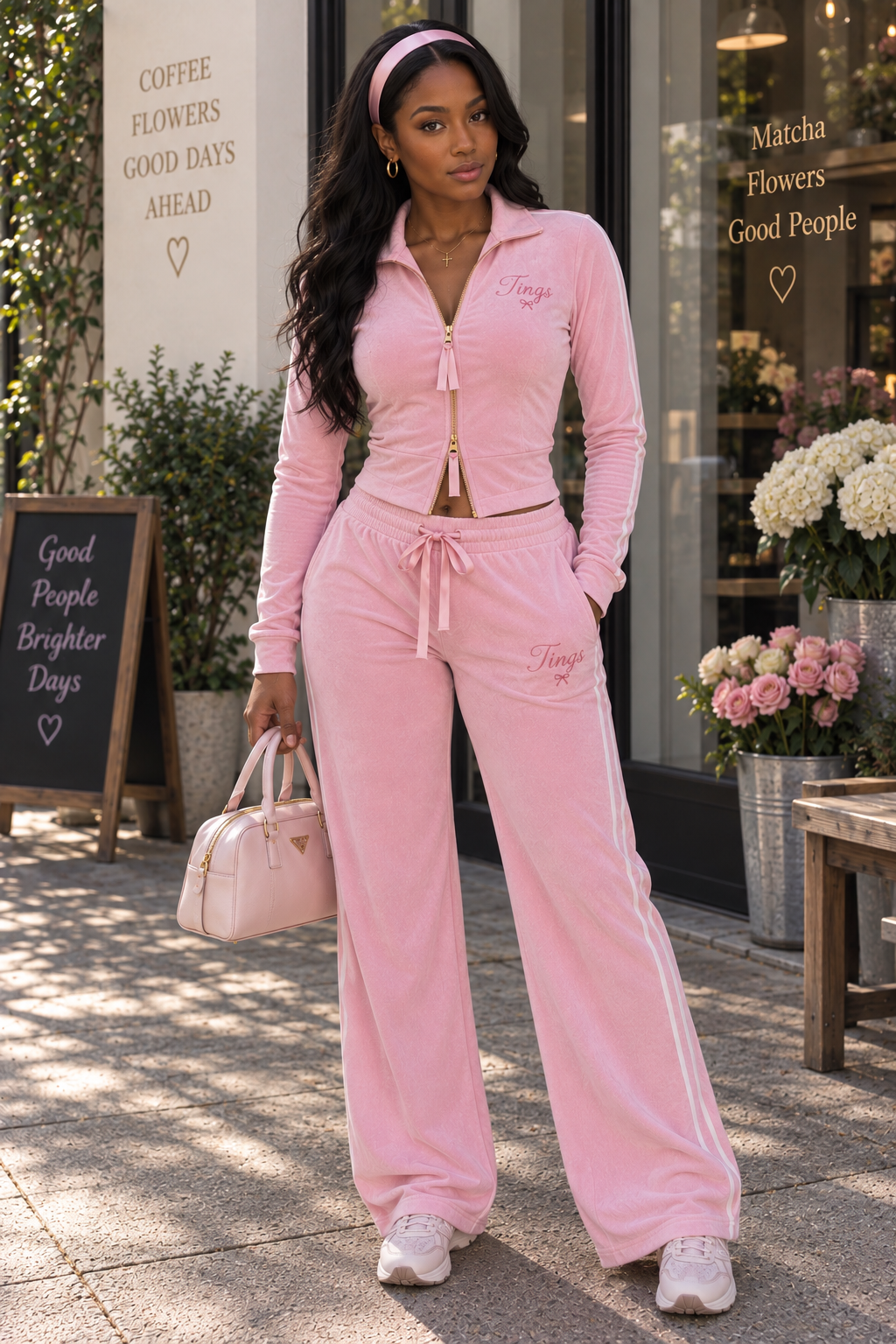 Model wearing the Pink Slip Velour Track Set